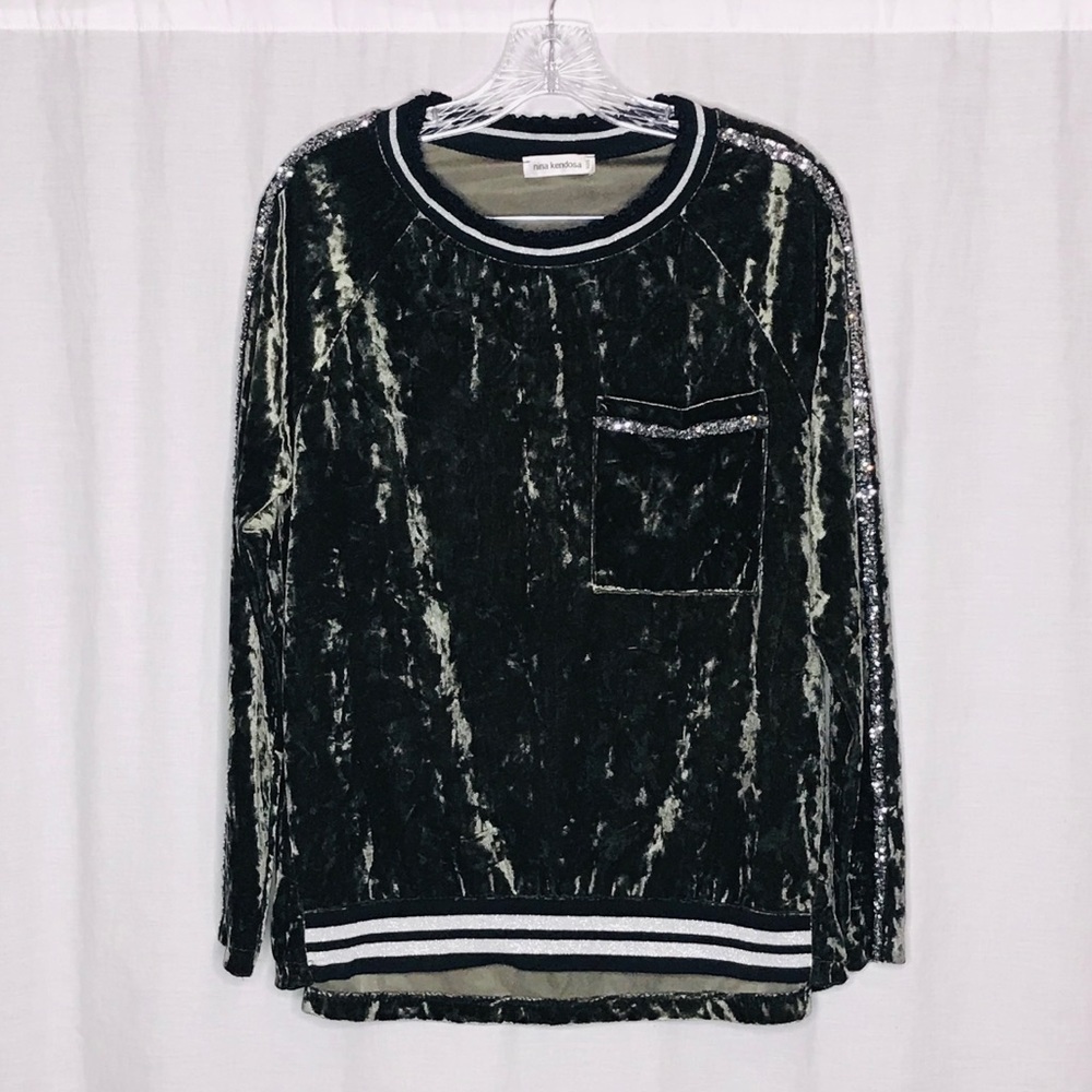 Nina Kendosa Green Velour Sequins Top M